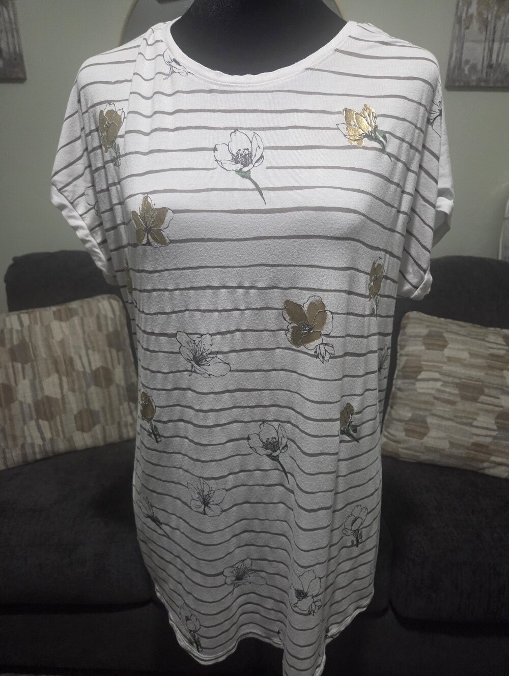 Apt. 9 White Striped Tee with Gold Floral Accents
